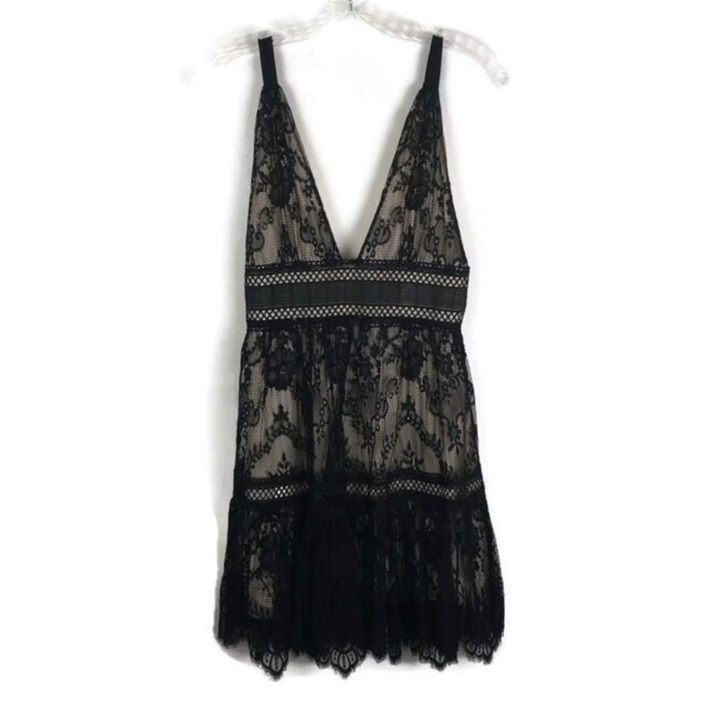 Magali Pascal Floral Lace Babydoll Dress in Black/Nude Small